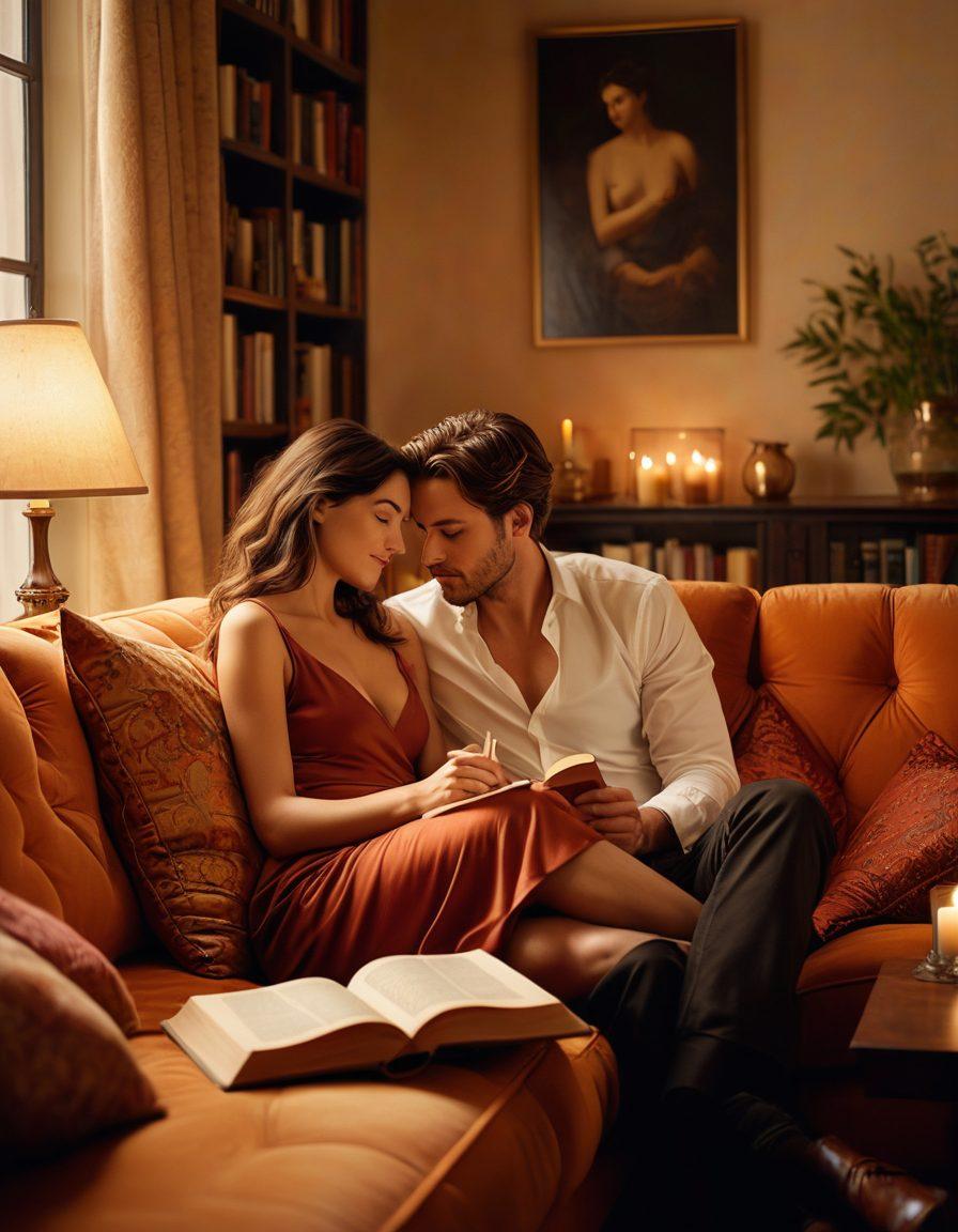 A serene, dimly lit room with a couple sitting closely on a plush sofa, engaged in an intimate conversation. The atmosphere is warm and inviting with soft, ambient lighting, and their expressions reflect curiosity and understanding. Subtle symbols of intimacy, such as candles and a glass of wine, enhance the mood. Literary elements, like open books scattered around, suggest exploration of profound subjects. A balance between romance and sophistication is key. super-realistic. warm colors. soft focus.