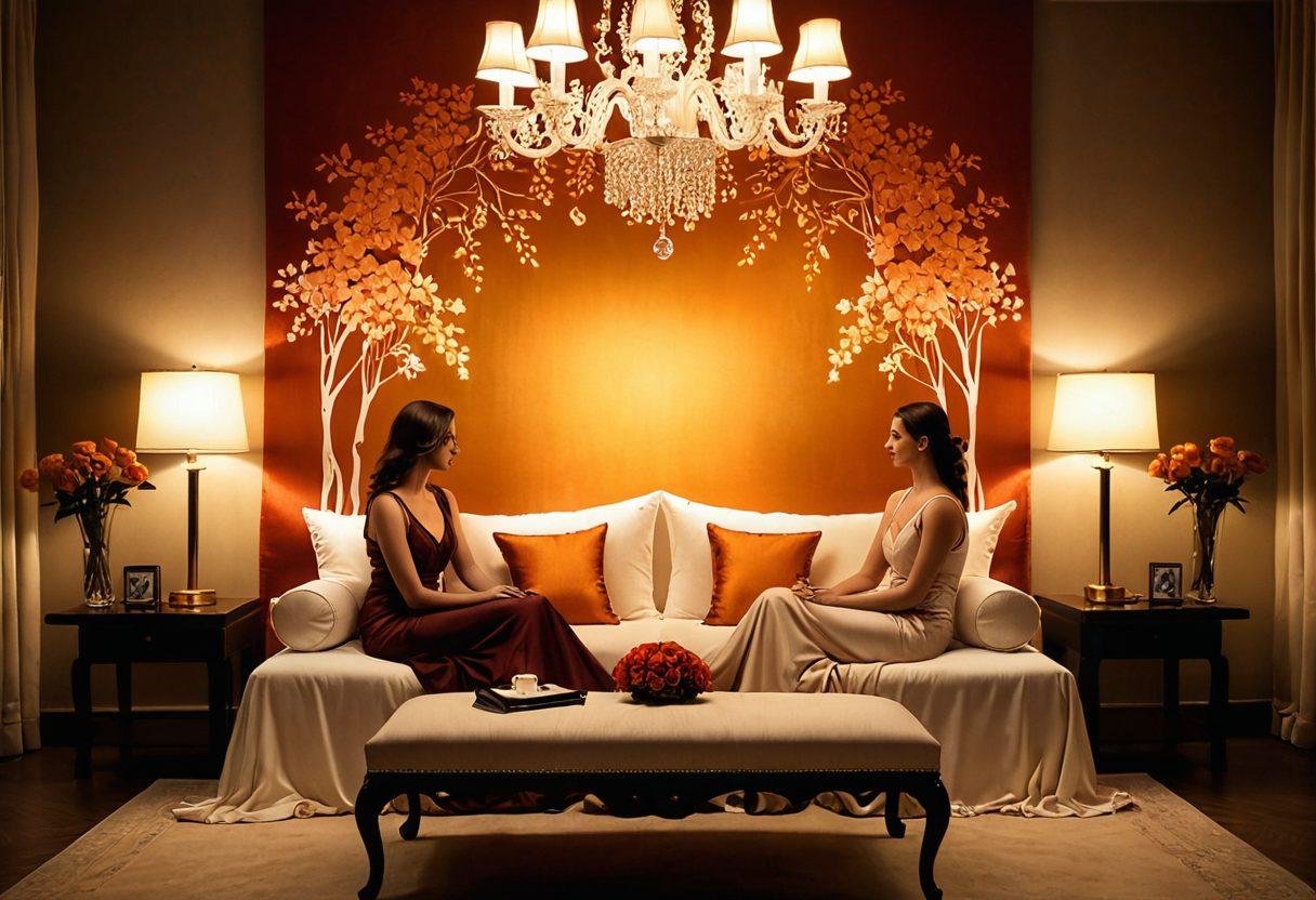 A serene, intimate setting featuring soft ambient lighting, plush cushions, and delicate fabrics that evoke a sense of luxury. Include silhouettes of a couple engaged in a deep, meaningful conversation, with subtle artistic representations of sensual elements in the background like flowers and flowing sheets. The composition should radiate warmth and sophistication, appealing to a mature audience. elegant and romantic style. warm colors. soft focus.