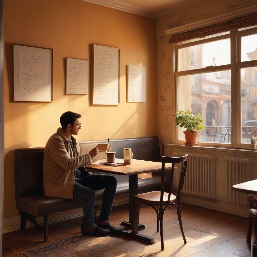 A cozy, dimly lit cafe setting with an open notebook filled with elegant handwritten notes on one side, and two engaging characters in animated conversation, their expressions thoughtful and playful. Subtle hints of risqué art pieces on the walls, evoking a sense of mature storytelling. A steaming cup of coffee on the table, symbolizing contemplative discussions. The overall atmosphere should feel intimate and inviting, encouraging open dialogues. painting. warm tones. cozy ambiance.